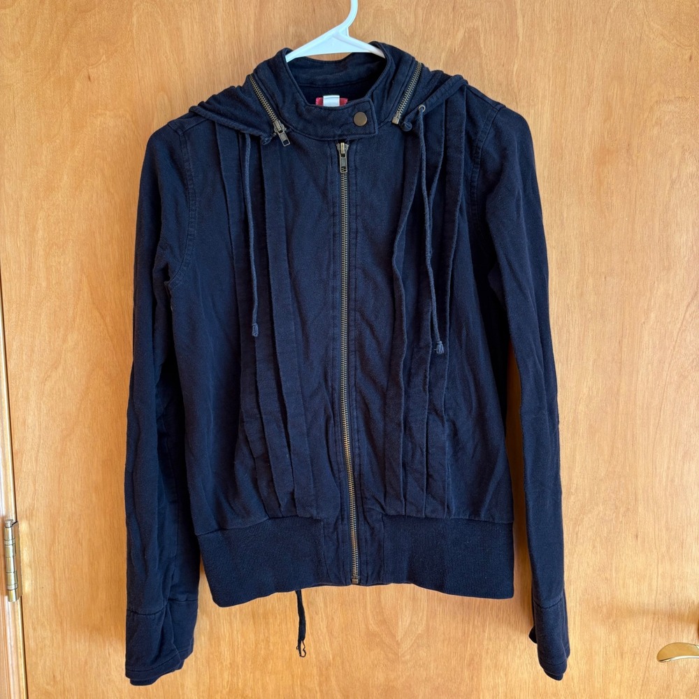 LUX‎ Black Zip Up Hoodie Jacket Drawstring Waist Pleated Front Women's